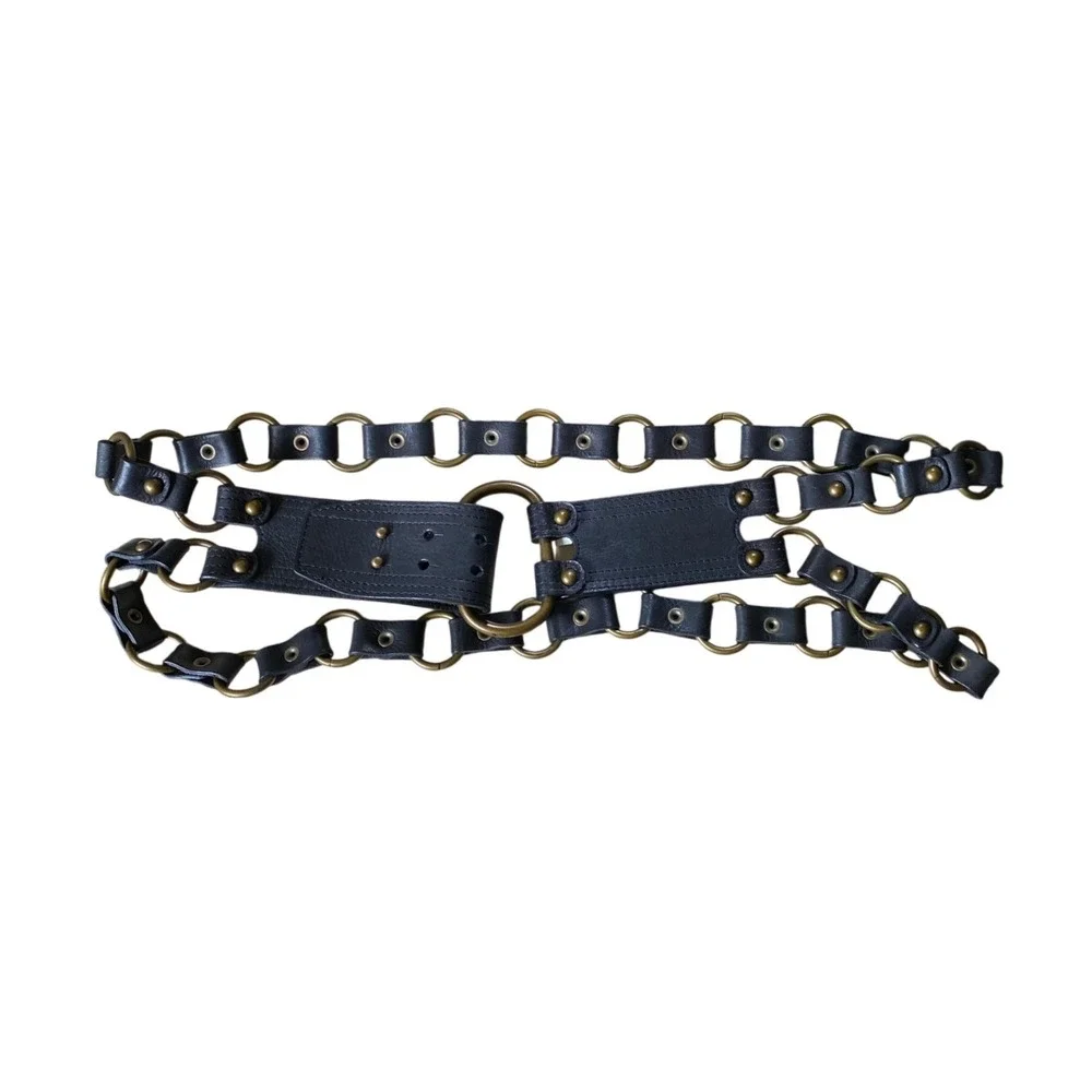 Vintage Chain Link Leather O-Ring Studded Belt M Black Brass Steampunk Goth Y2K